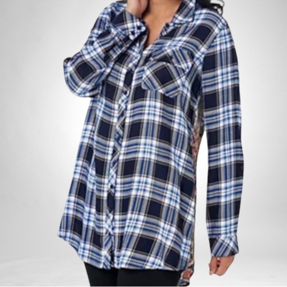 Tolani Collection Flannel Plaid Shacket Blue + Floral SZ MP - Picture 10 of 10